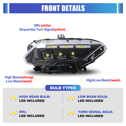 For 2018-2023 Ford Mustang Coupe & Convertible LED Sequential Headlights -Glossy Black / Clear