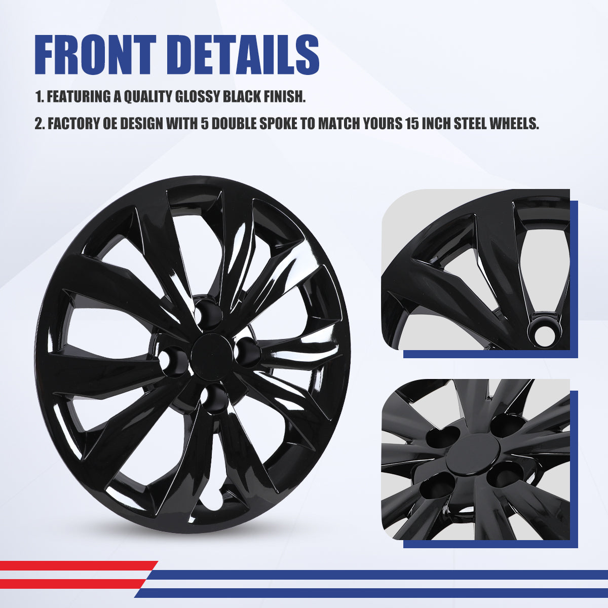 WINJET 15' Hubcaps Wheel Rims Cover for 2018-2022 HYUNDAI ACCENT SEDAN/ 2018-2023 KIA RIO SEDAN  - Black Lacquer