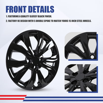 WINJET 15' Hubcaps Wheel Rims Cover for 2018-2022 HYUNDAI ACCENT SEDAN/ 2018-2023 KIA RIO SEDAN  - Black Lacquer