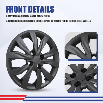 WINJET 15' Hubcaps Wheel Rims Cover for 2018-2022 HYUNDAI ACCENT SEDAN/ 2018-2023 KIA RIO SEDAN  - Matte Black