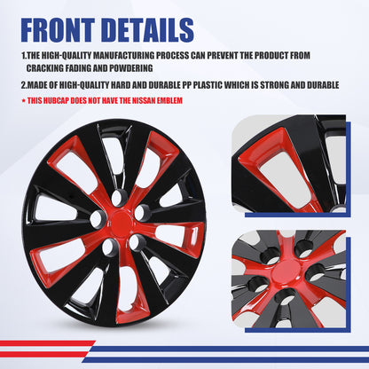 WINJET 16' Hubcaps Wheel Rims Cover for 2013-2019 NISSAN SENTRA & 2011-2017 NISSAN LEAF  - Black & Red Lacquer