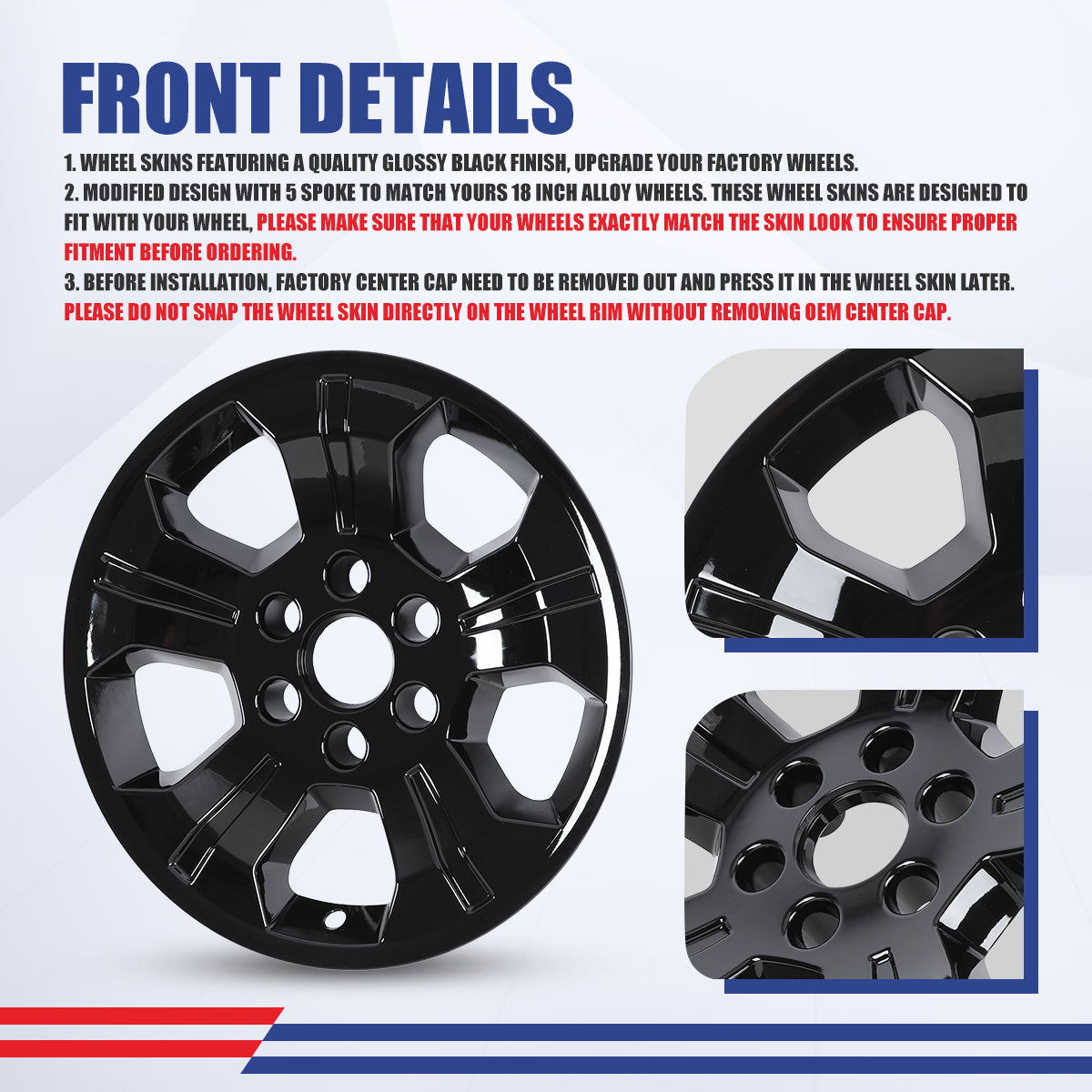 WINJET 18' Hubcaps Wheel Rims Cover for 2014-2019 Chevy Silverado - Black Lacquer