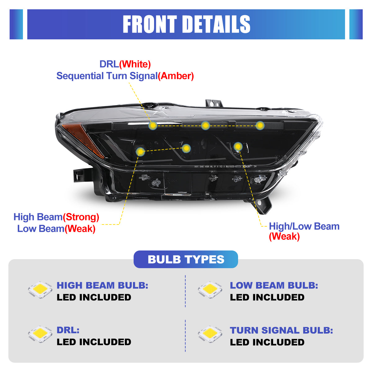 For 2015-2017 Ford Mustang Coupe & Convertible/2016-2020 Ford Mustang Shelby GT350 / 2020-2022 Ford Mustang Shelby GT500 LED Sequential Headlights -Glossy Black / Clear