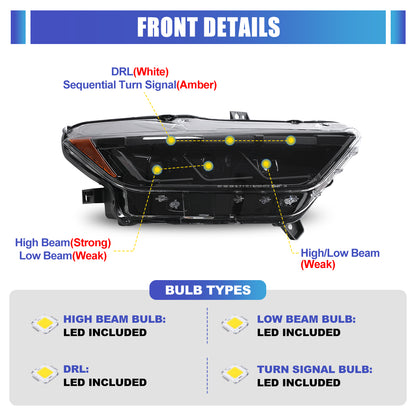 For 2015-2017 Ford Mustang Coupe & Convertible/2016-2020 Ford Mustang Shelby GT350 / 2020-2022 Ford Mustang Shelby GT500 LED Sequential Headlights -Glossy Black / Clear