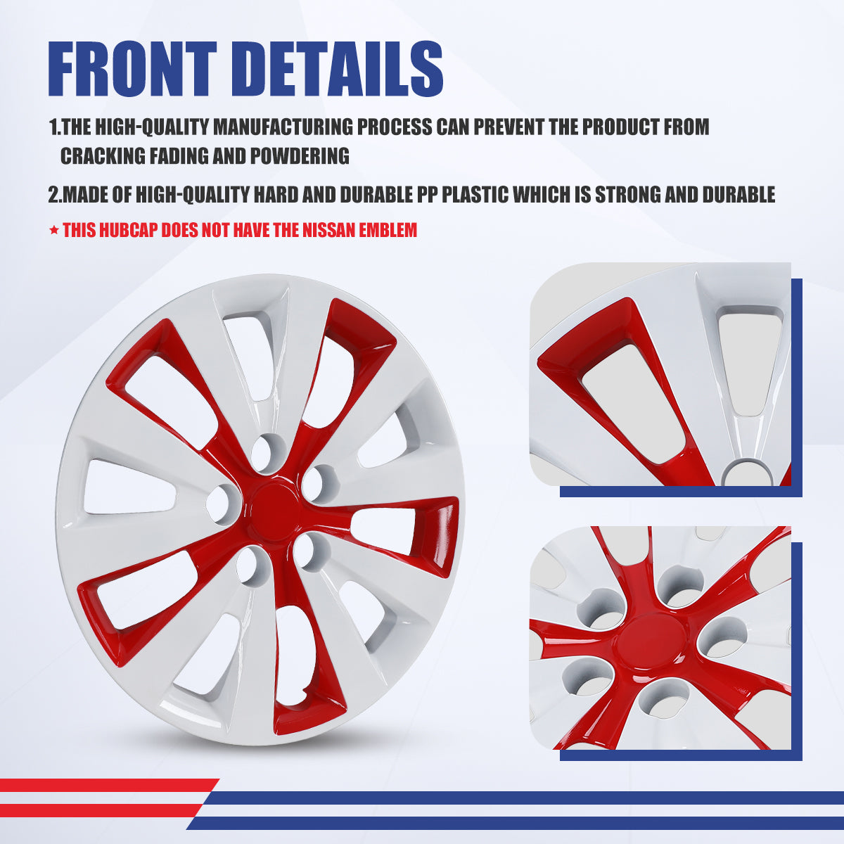 WINJET 16' Hubcaps Wheel Rims Cover for 2013-2019 NISSAN SENTRA & 2011-2017 NISSAN LEAF  - White & Red Lacquer