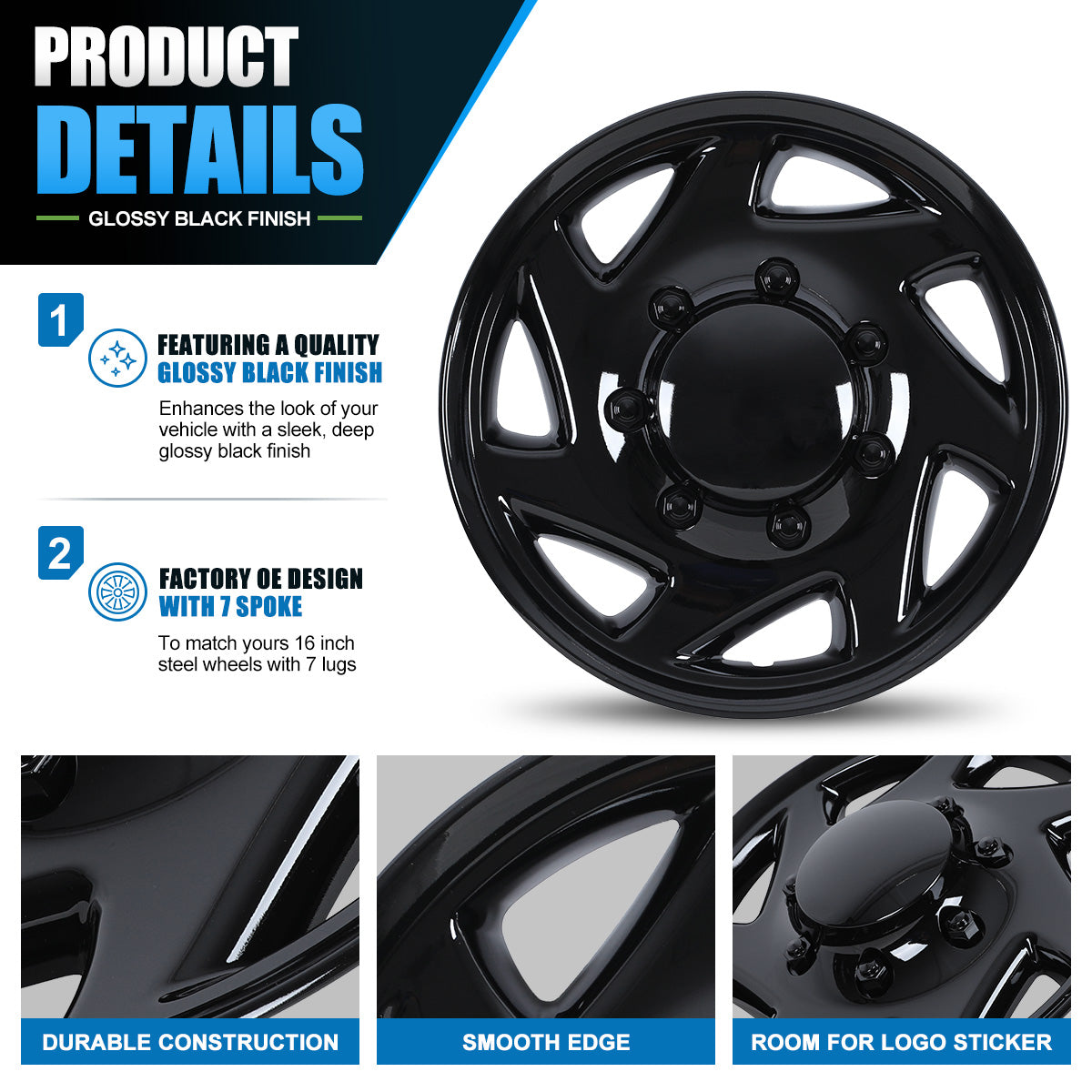 WINJET 16' Hubcaps Wheel Rims Cover for 1992-2014 Ford E150/E250/E350 Van with 8 lug 16" steel wheel  - Black Lacquer
