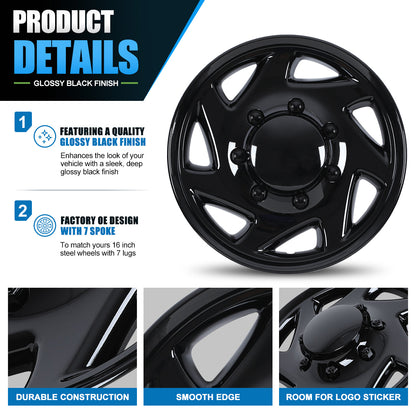 WINJET 16' Hubcaps Wheel Rims Cover for 1992-2014 Ford E150/E250/E350 Van with 8 lug 16" steel wheel  - Black Lacquer