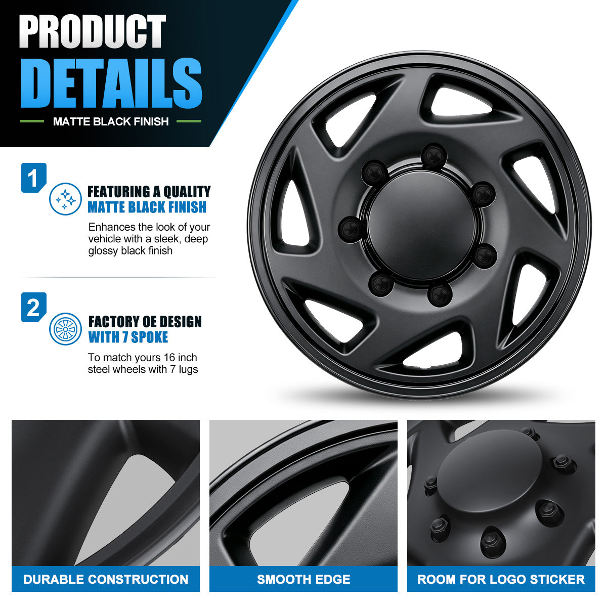 WINJET 16' Hubcaps Wheel Rims Cover for 1992-2014 Ford E150/E250/E350 Van with 8 lug 16" steel wheel  - Matte Black