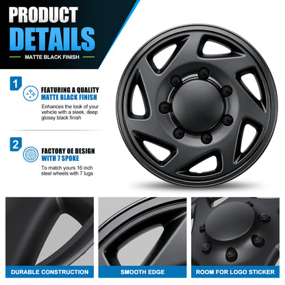 WINJET 16' Hubcaps Wheel Rims Cover for 1992-2014 Ford E150/E250/E350 Van with 8 lug 16" steel wheel  - Matte Black