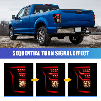 For 2015-2017 Ford F-150 with Factory Halogen Upgrade to LED Sequential Taillight - Glossy Black / Clear