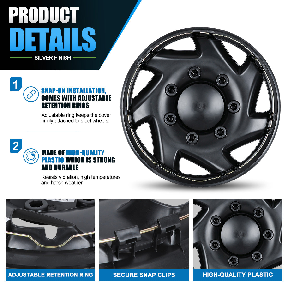 WINJET 16' Hubcaps Wheel Rims Cover for 1992-2014 Ford E150/E250/E350 Van with 8 lug 16" steel wheel  - Lacquer