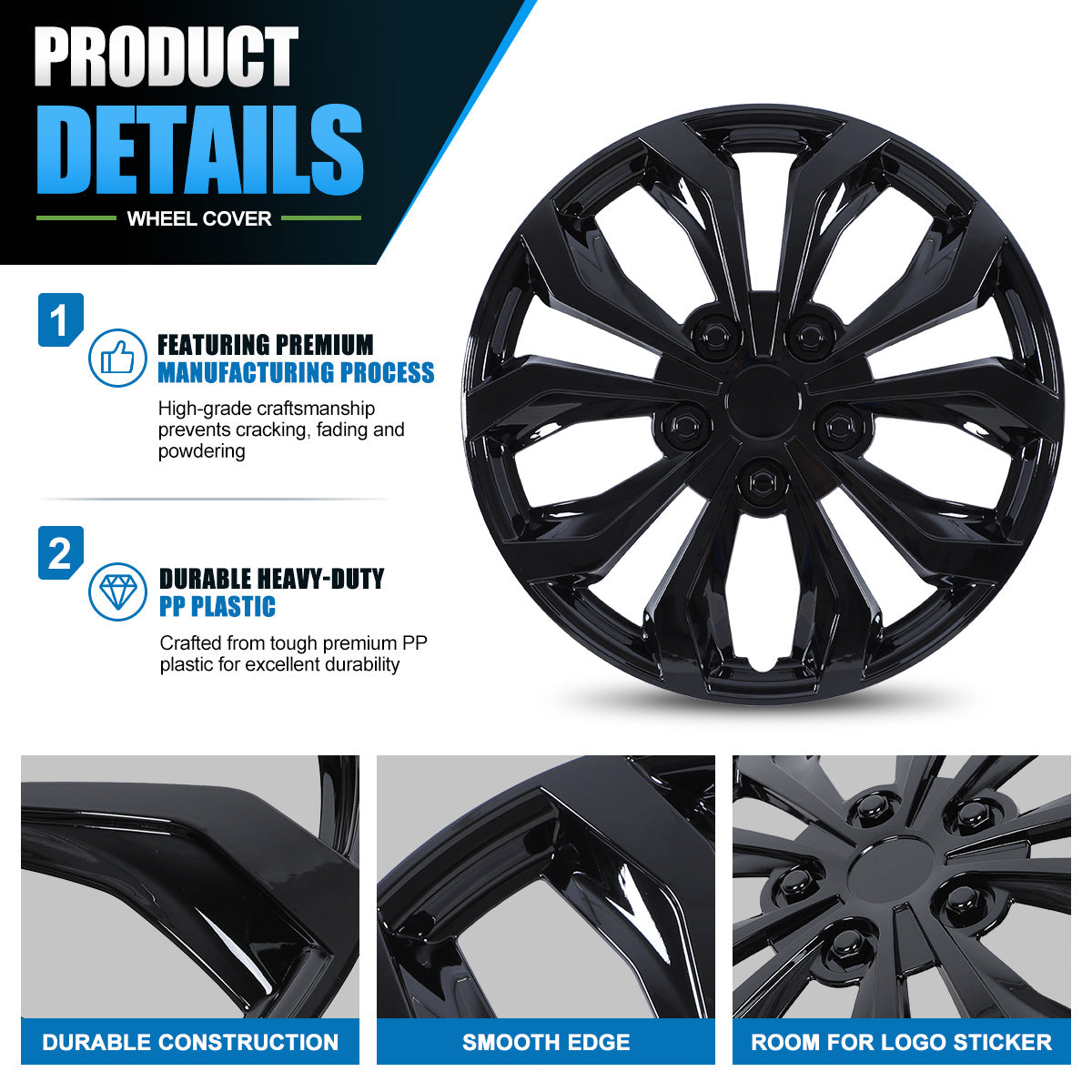 WINJET 17 inch Hubcaps Wheel Covers 5250 - Black Lacquer