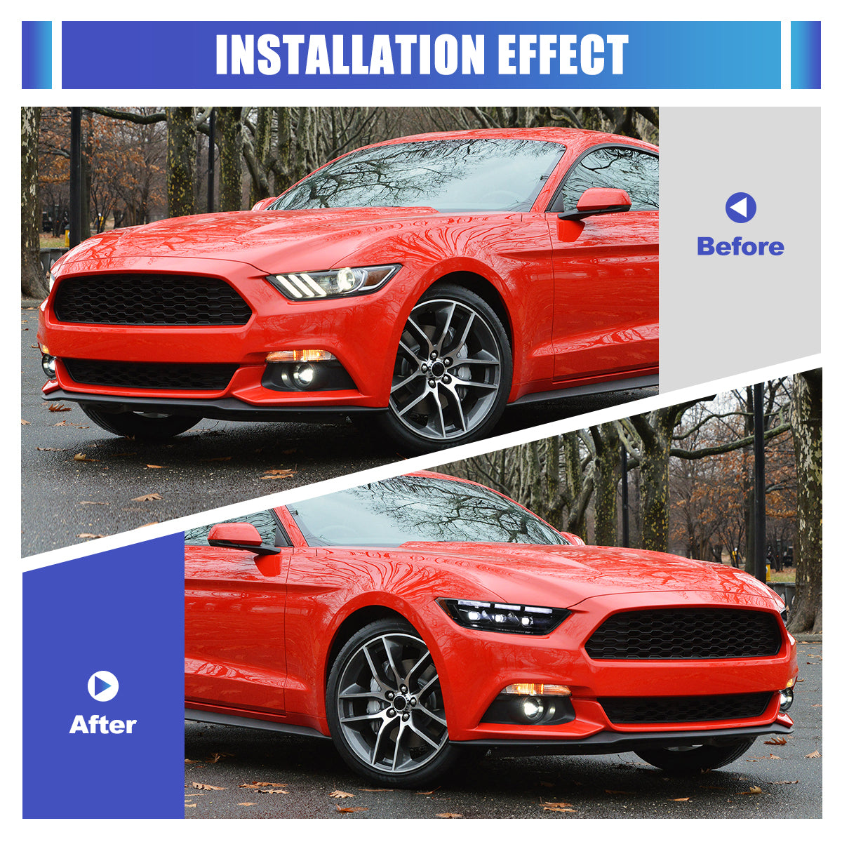 For 2015-2017 Ford Mustang Coupe & Convertible/2016-2020 Ford Mustang Shelby GT350 / 2020-2022 Ford Mustang Shelby GT500 LED Sequential Headlights -Glossy Black / Clear