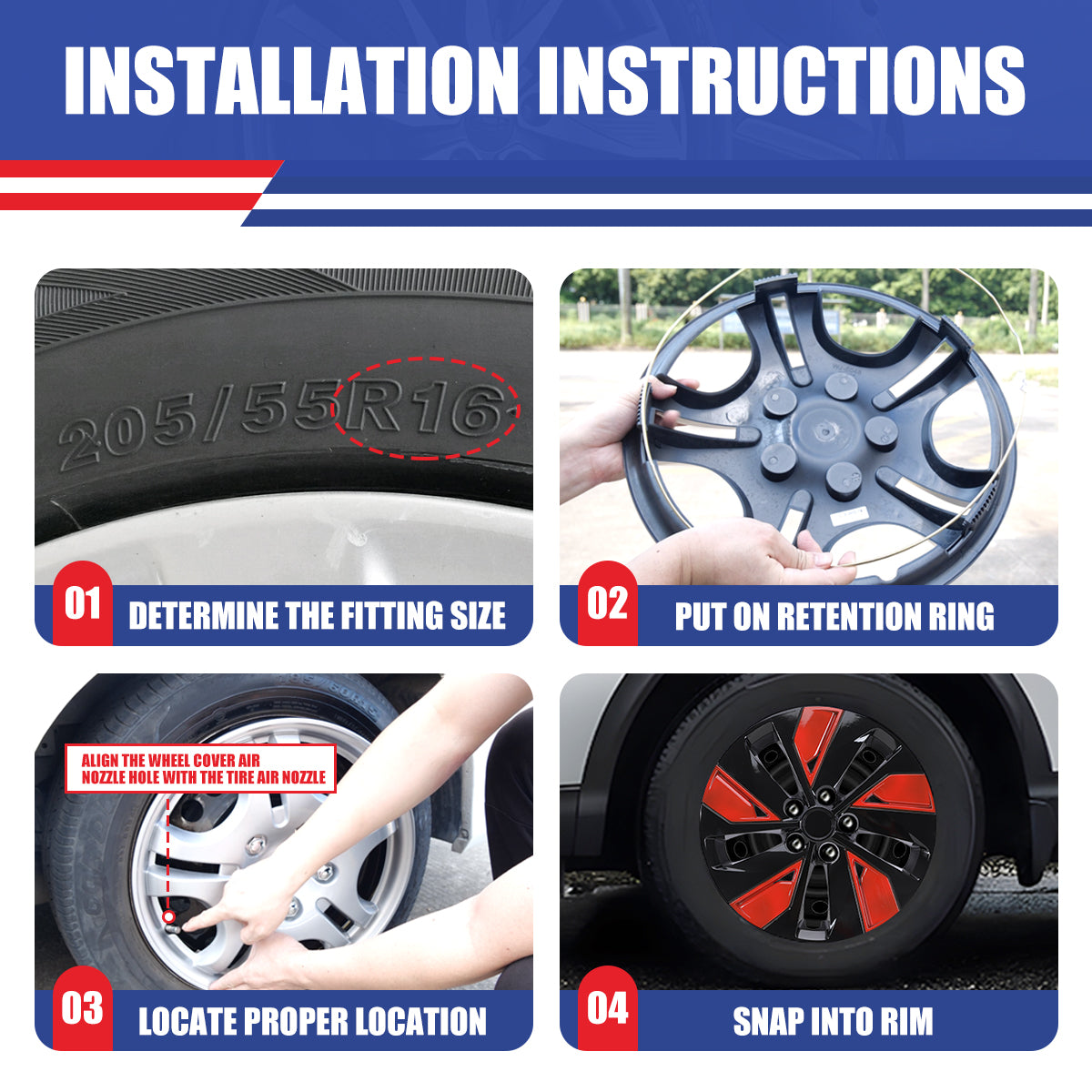 WINJET 16' Hubcaps Wheel Rims Cover for 2019-2025 Nissan Altima - Black Lacquer & Red Lacquer