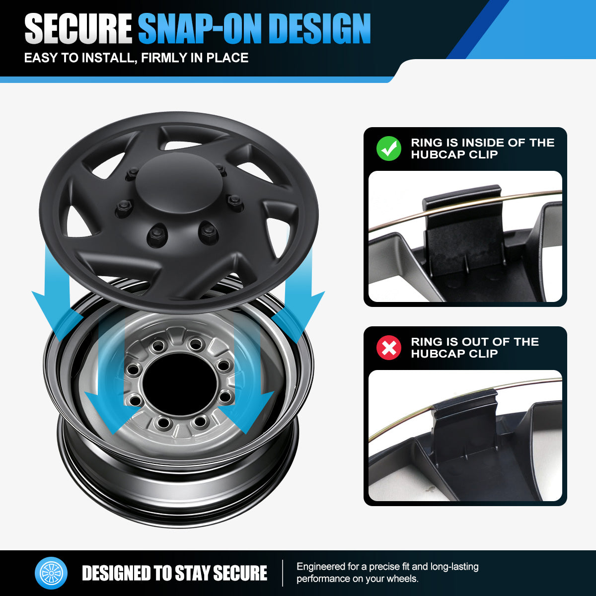 WINJET 16' Hubcaps Wheel Rims Cover for 1992-2014 Ford E150/E250/E350 Van with 8 lug 16" steel wheel  - Matte Black