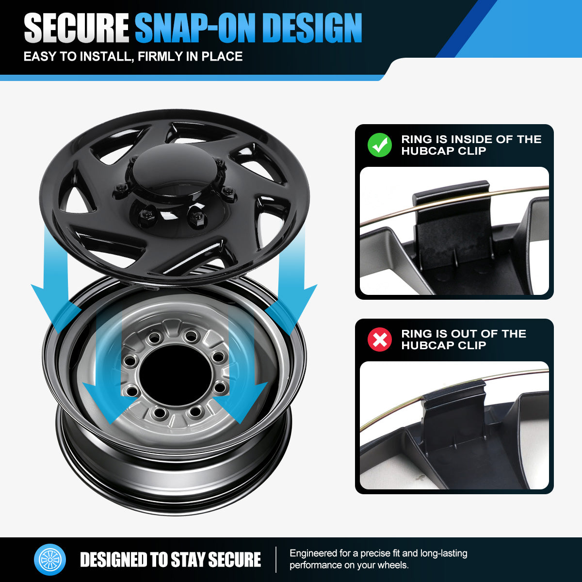 WINJET 16' Hubcaps Wheel Rims Cover for 1992-2014 Ford E150/E250/E350 Van with 8 lug 16" steel wheel  - Black Lacquer