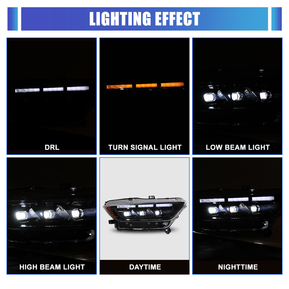 For 2015-2017 Ford Mustang Coupe & Convertible/2016-2020 Ford Mustang Shelby GT350 / 2020-2022 Ford Mustang Shelby GT500 LED Sequential Headlights -Glossy Black / Clear