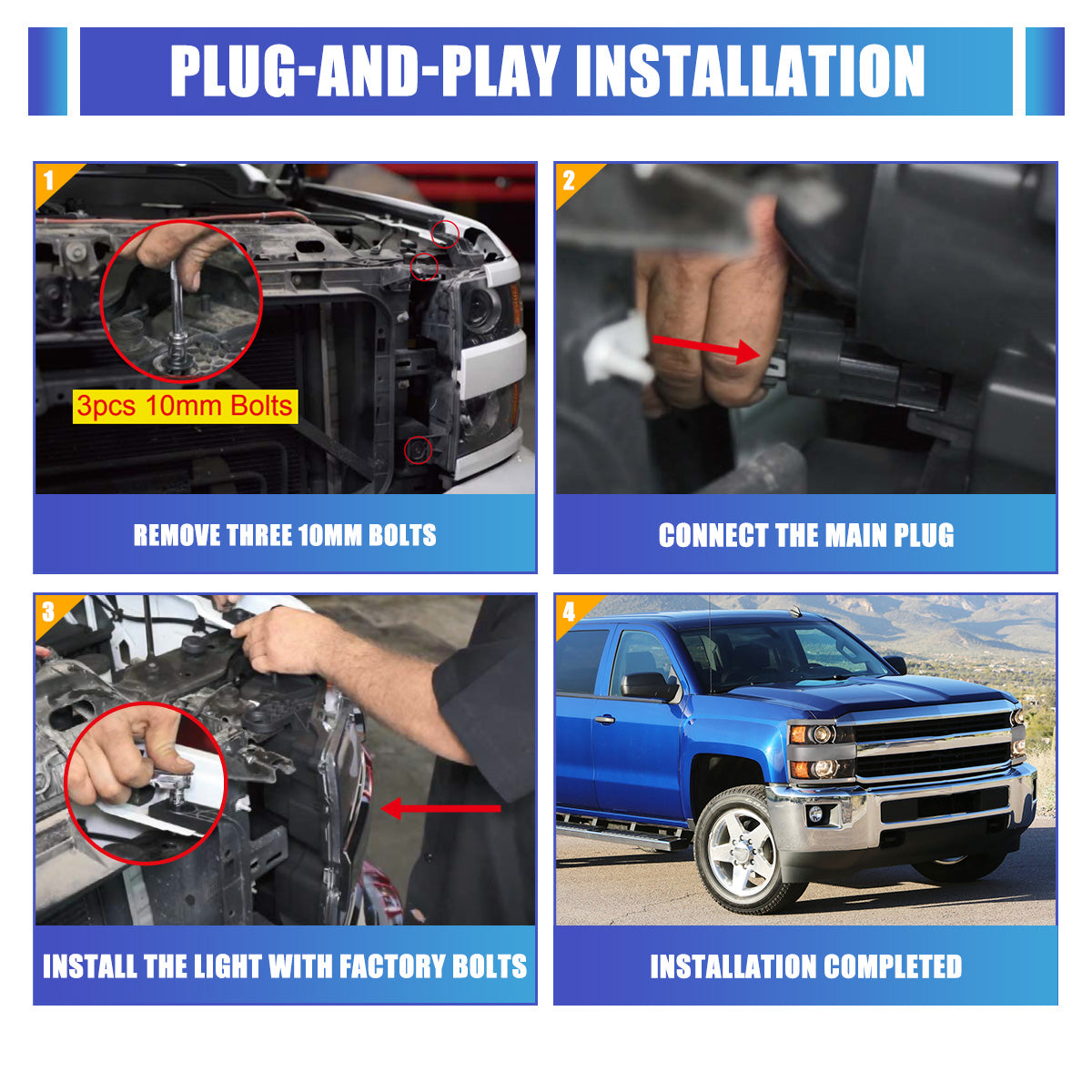 Phares avant pour Chevy Silverado 2015-2019 2500 HD/3500 HD côtés droits 1 pièce boîtier noir brillant chromé/transparent