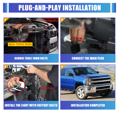 Phares avant pour Chevy Silverado 2015-2019 2500 HD/3500 HD côtés droits 1 pièce boîtier noir brillant chromé/transparent