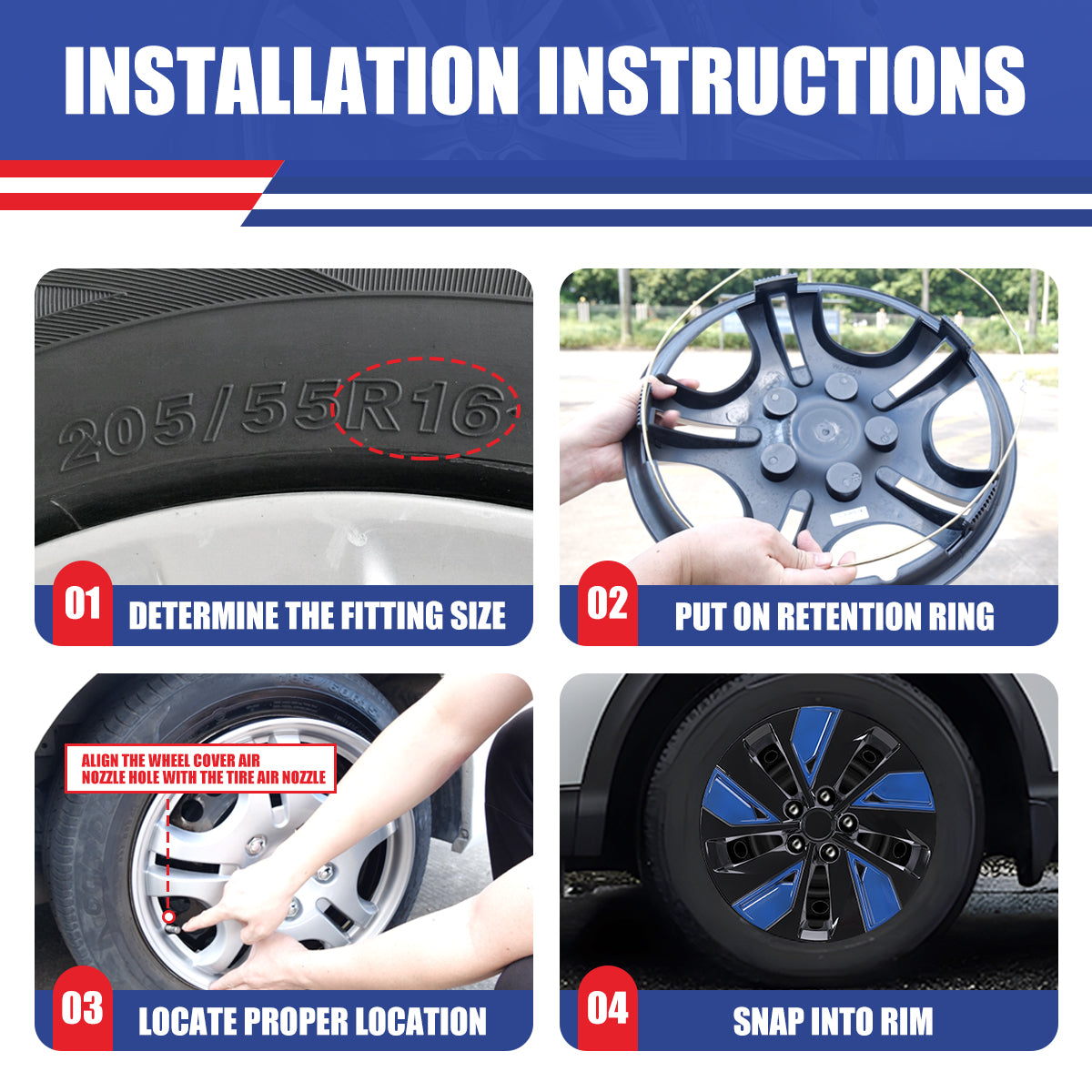 WINJET 16' Hubcaps Wheel Rims Cover for 2019-2025 Nissan Altima - Black Lacquer & Blue Lacquer