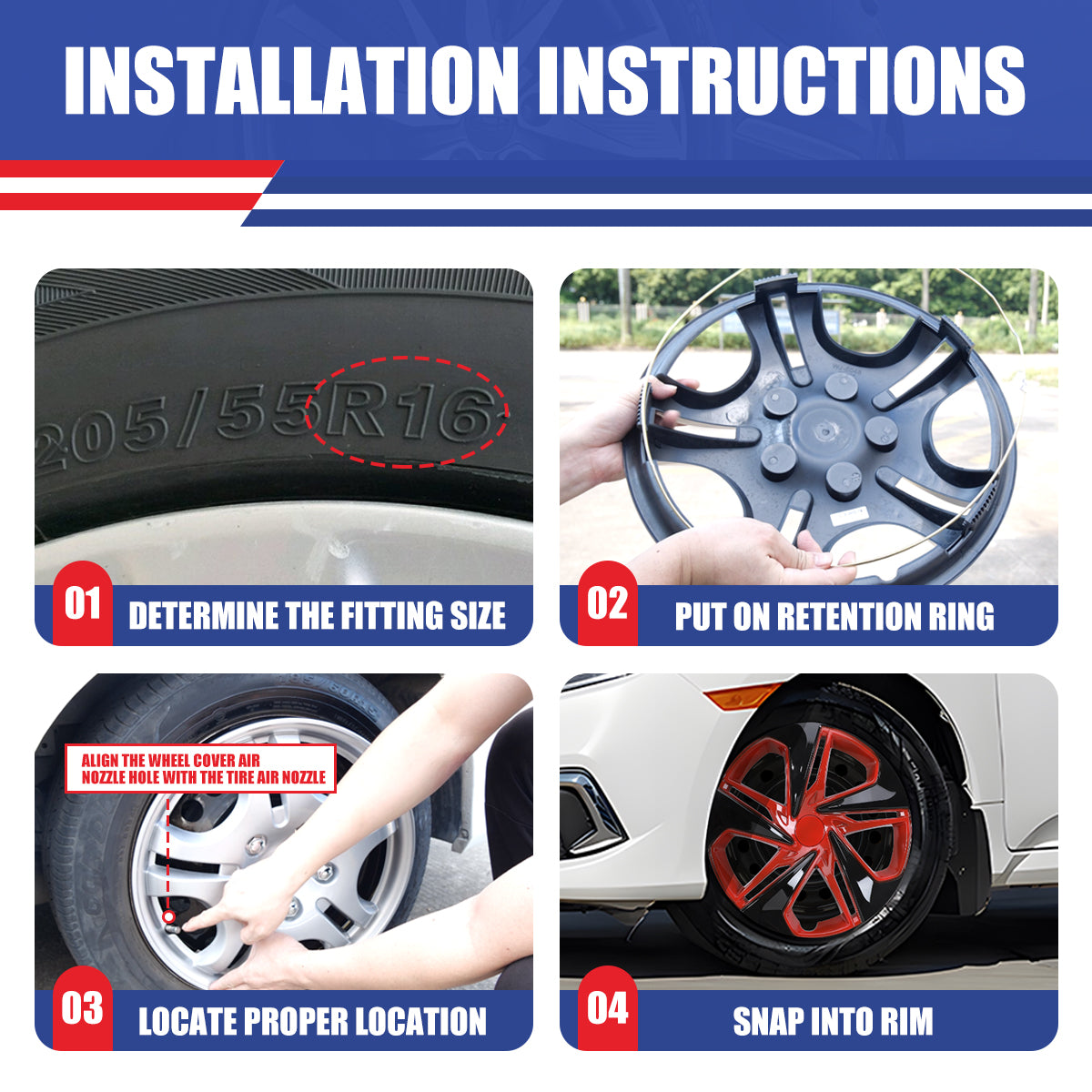 WINJET 16' Hubcaps Wheel Rims Cover for 2016-2026 Honda Civic SEDAN - Black Lacquer & Red Lacquer