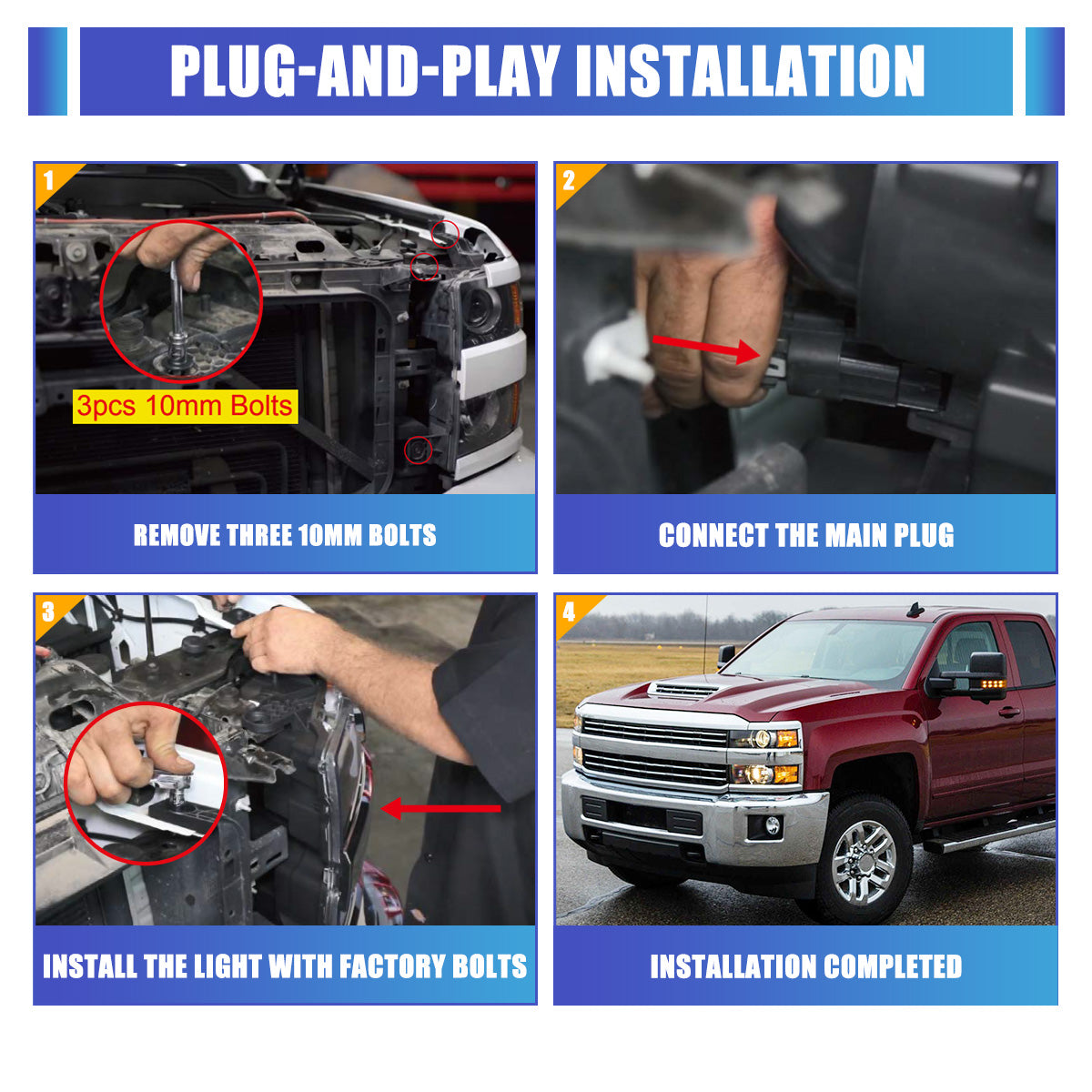 Phares avant pour Chevy Silverado 2015-2019 2500 HD/3500 HD côtés droits 1 pièce boîtier noir brillant chromé/transparent