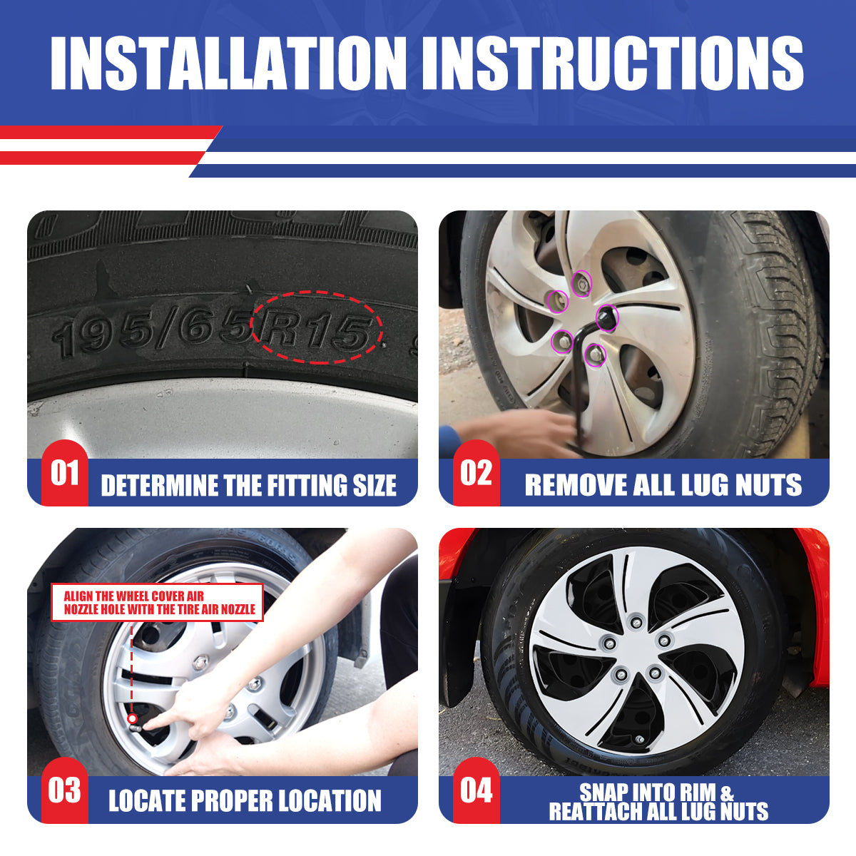 WINJET 15' Hubcaps Wheel Rims Cover for 2013-2015 Honda Civic - Black & White Lacquer