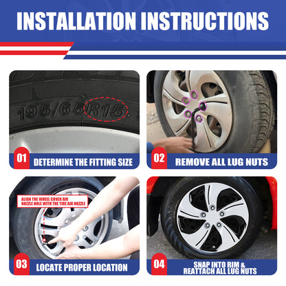 WINJET 15' Hubcaps Wheel Rims Cover for 2013-2015 Honda Civic - Black & White Lacquer