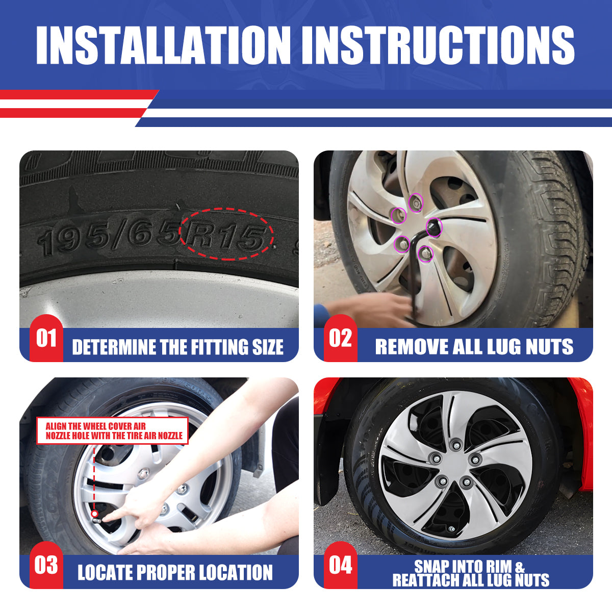 WINJET 15' Hubcaps Wheel Rims Cover for 2013-2015 Honda Civic - Silver & Black Lacquer