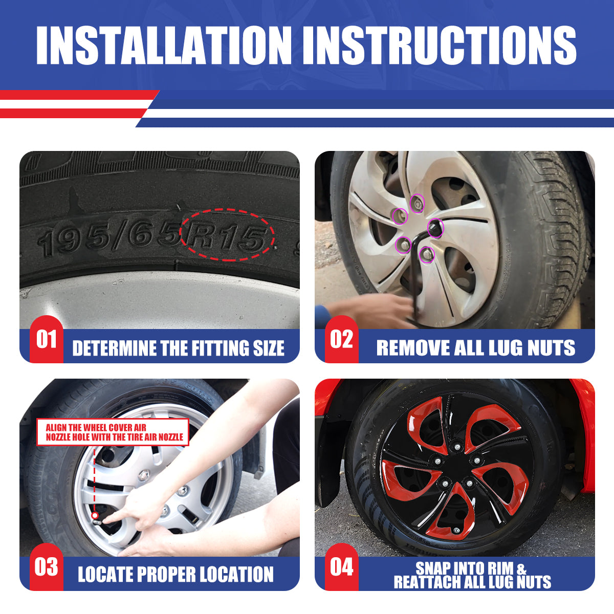 WINJET 15' Hubcaps Wheel Rims Cover for 2013-2015 Honda Civic - Black & Red Lacquer