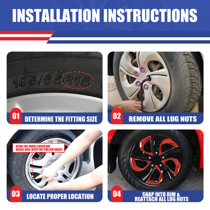 WINJET 15' Hubcaps Wheel Rims Cover for 2013-2015 Honda Civic - Black & Red Lacquer