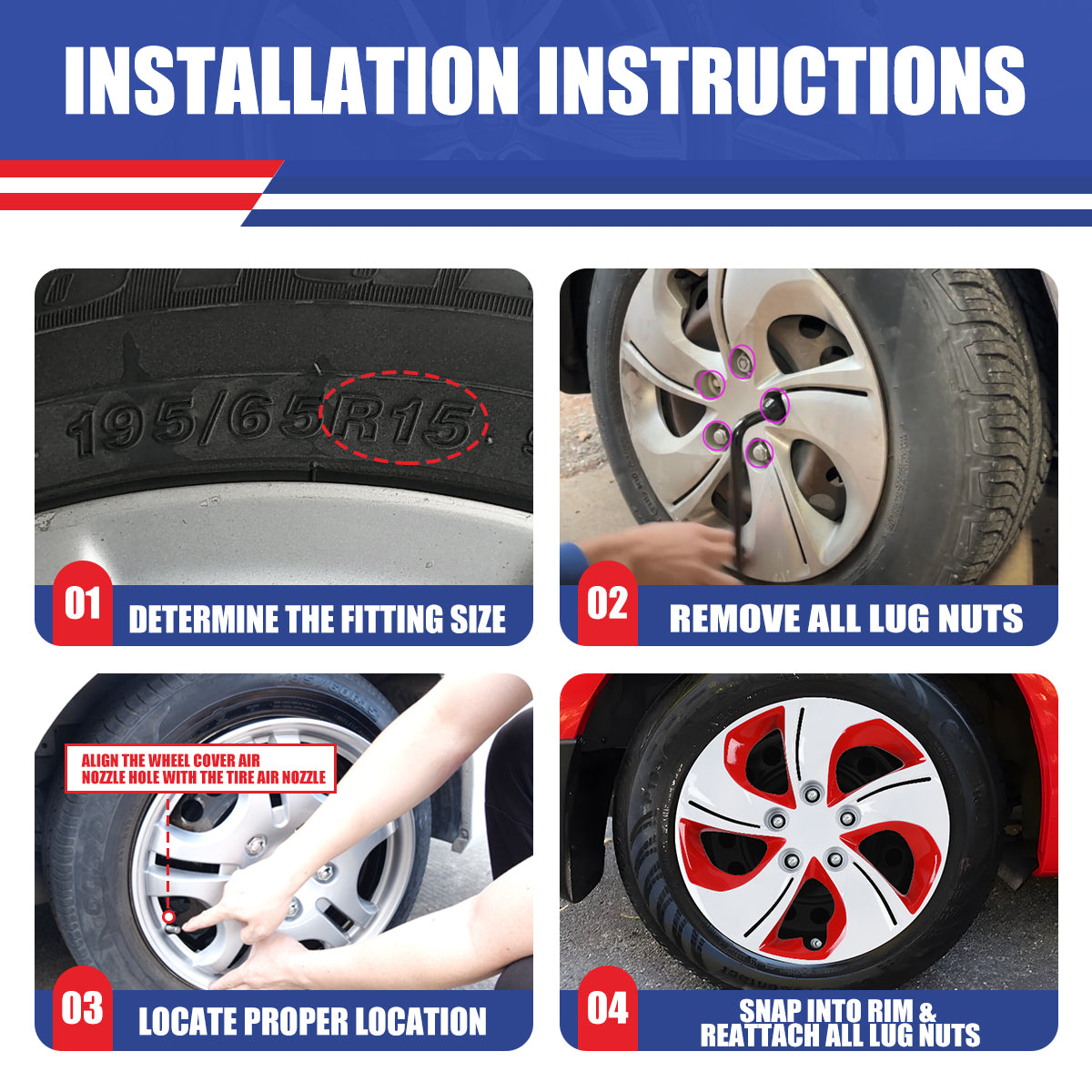 WINJET 15' Hubcaps Wheel Rims Cover for 2013-2015 Honda Civic - White & Red Lacquer