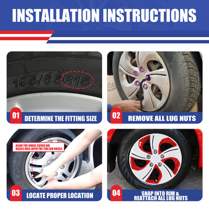 WINJET 15' Hubcaps Wheel Rims Cover for 2013-2015 Honda Civic - White & Red Lacquer