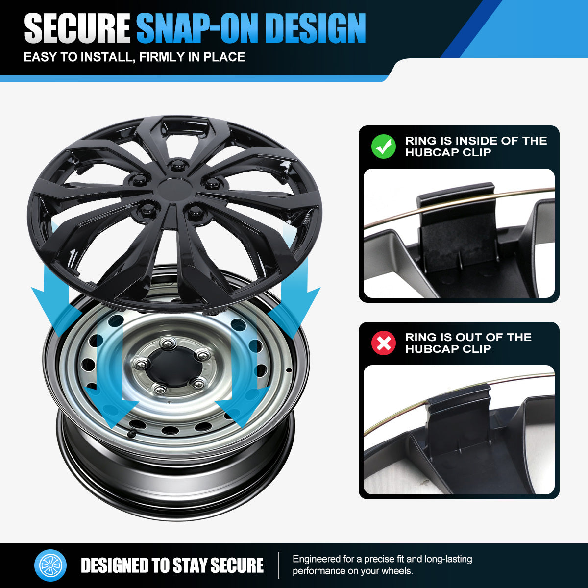 WINJET 17 inch Hubcaps Wheel Covers 5250 - Black Lacquer