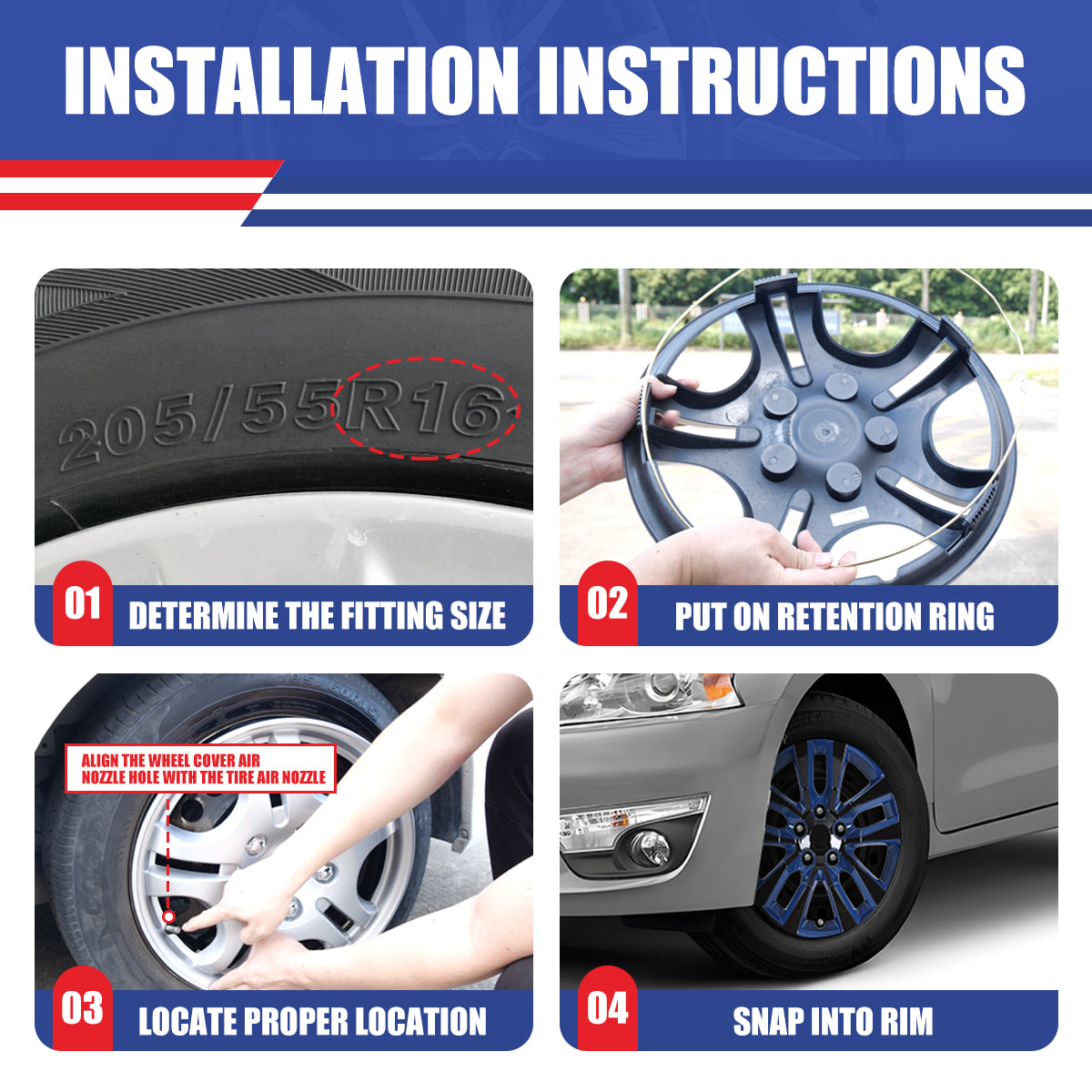 WINJET 16' Hubcaps Wheel Rims Cover for 2013-2018 Nissan Altima Sedan  - Black & Blue Lacquer