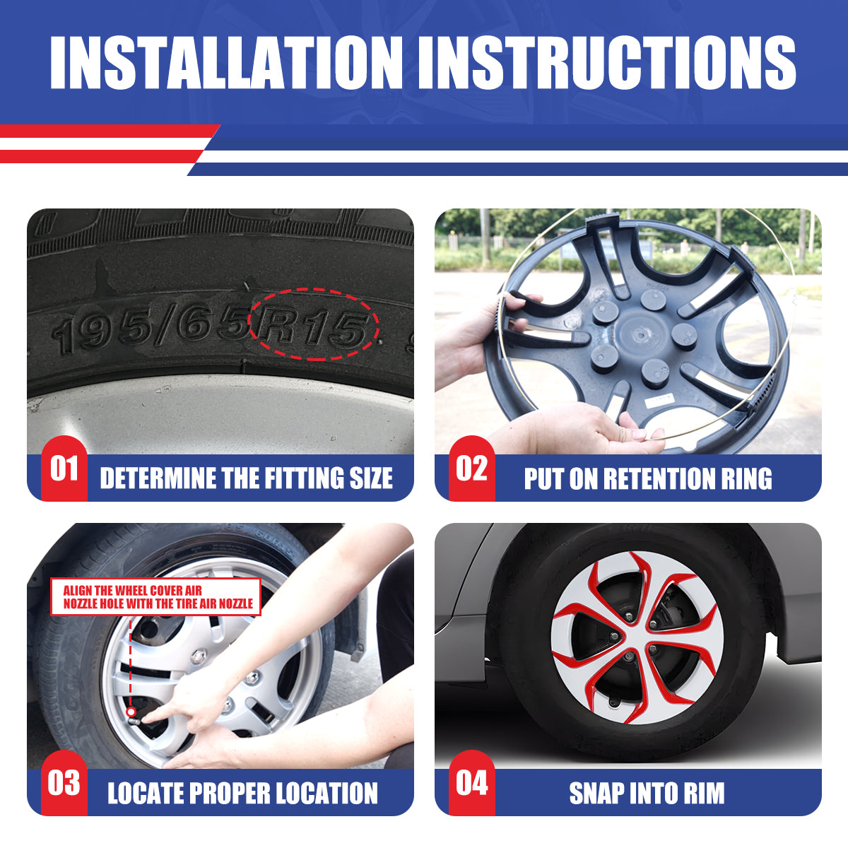 WINJET 15' Hubcaps Wheel Rims Cover for 2010-2015 TOYOTA PRIUS  - White & Red Lacquer