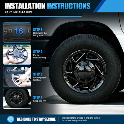 WINJET 16' Hubcaps Wheel Rims Cover for 1992-2014 Ford E150/E250/E350 Van with 8 lug 16" steel wheel  - Black Lacquer