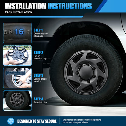 WINJET 16' Hubcaps Wheel Rims Cover for 1992-2014 Ford E150/E250/E350 Van with 8 lug 16" steel wheel  - Matte Black