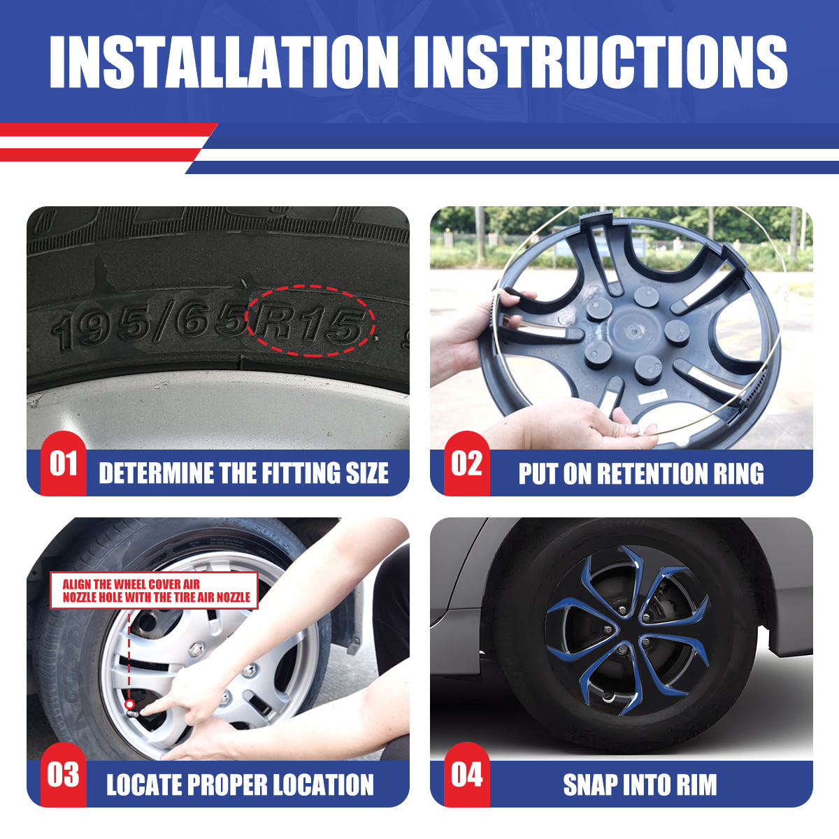 WINJET 15' Hubcaps Wheel Rims Cover for 2010-2015 TOYOTA PRIUS  - Black & Blue Lacquer