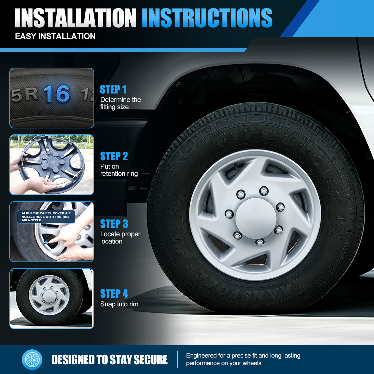 WINJET 16' Hubcaps Wheel Rims Cover for 1992-2014 Ford E150/E250/E350 Van with 8 lug 16" steel wheel  - Lacquer