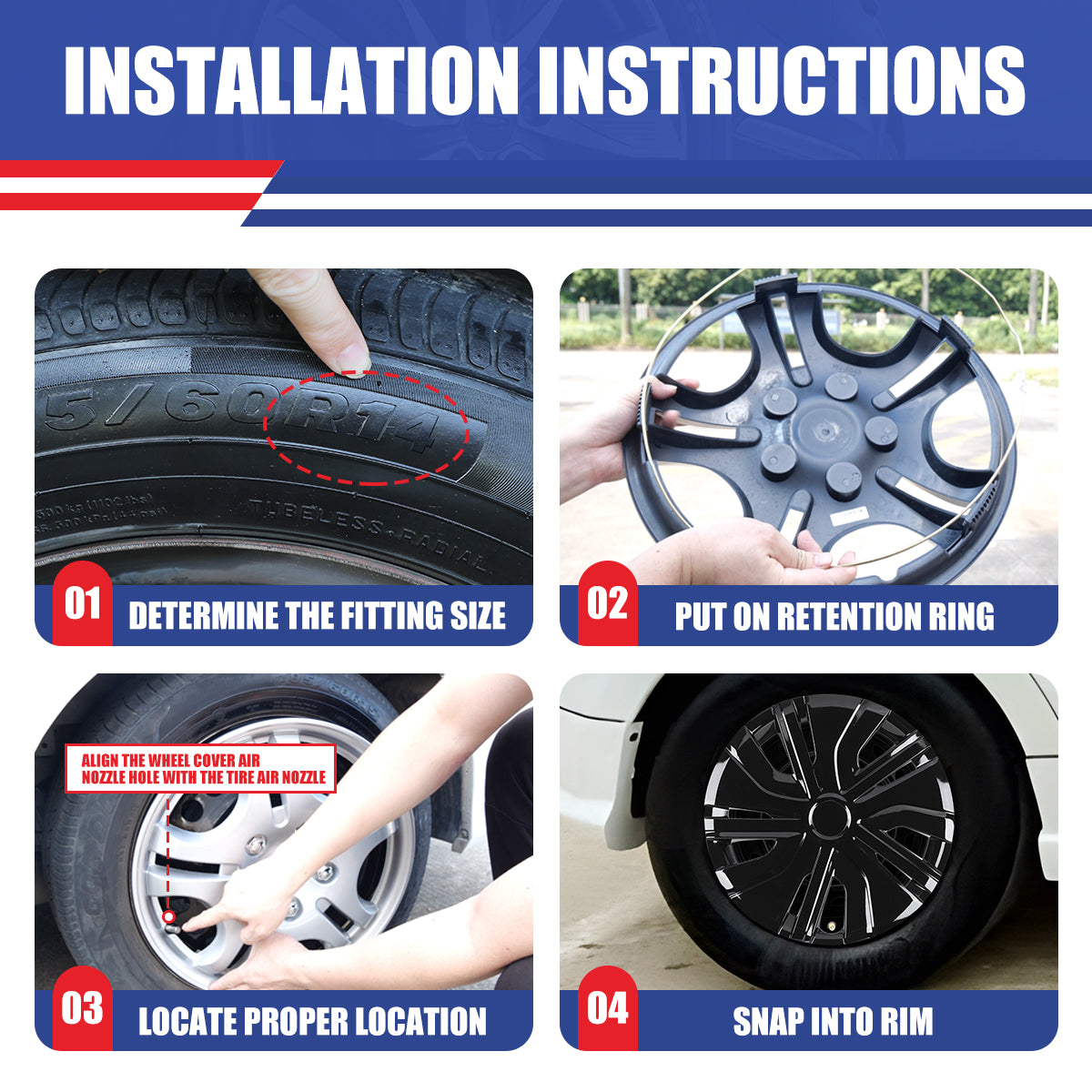 WINJET 14' Hubcaps Wheel Rims Cover for 2014-2025 Mitsubishi Mirage  - Black Lacquer