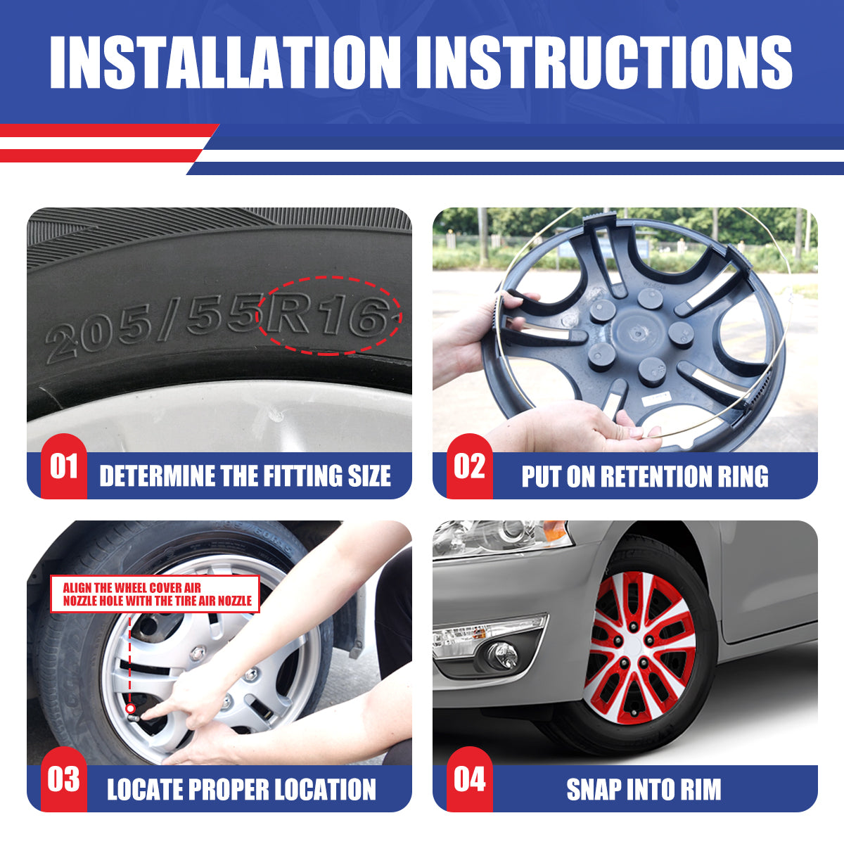 WINJET 16' Hubcaps Wheel Rims Cover for 2013-2018 Nissan Altima Sedan  - White & Red Lacquer