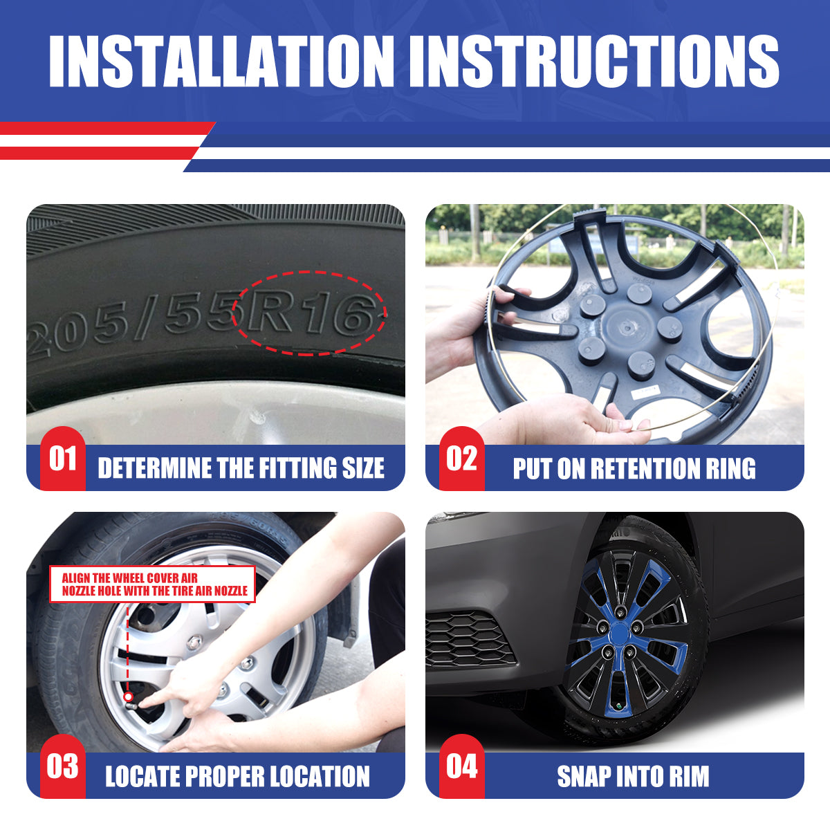 WINJET 16' Hubcaps Wheel Rims Cover for 2013-2019 NISSAN SENTRA & 2011-2017 NISSAN LEAF  - Black & Blue Lacquer