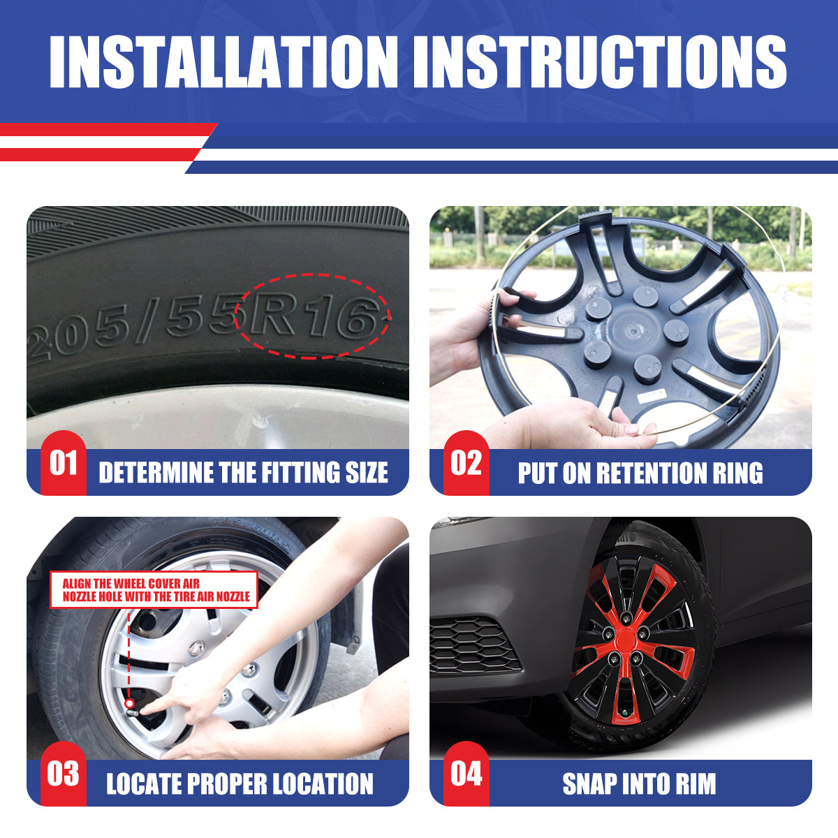 WINJET 16' Hubcaps Wheel Rims Cover for 2013-2019 NISSAN SENTRA & 2011-2017 NISSAN LEAF  - Black & Red Lacquer