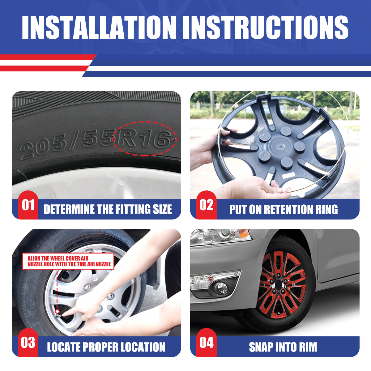 WINJET 16' Hubcaps Wheel Rims Cover for 2013-2018 Nissan Altima Sedan  - Black & Red Lacquer