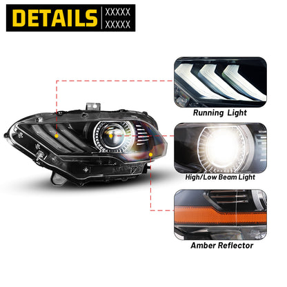 LED Head Lights for 2018-2023 Ford Mustang Coupe & Convertible - Glossy Black/ Clear Lens