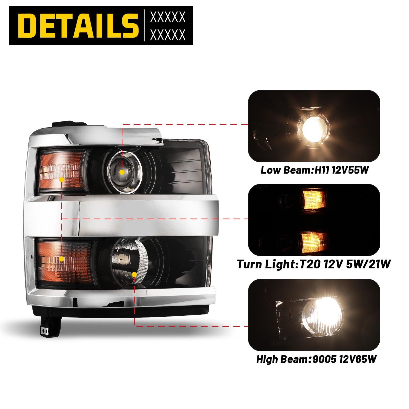 WOLFX Driver Side Projector Headlight Assembly For 2015-2019 Chevy Silverado 2500HD & 3500HD - Chrome Housing
