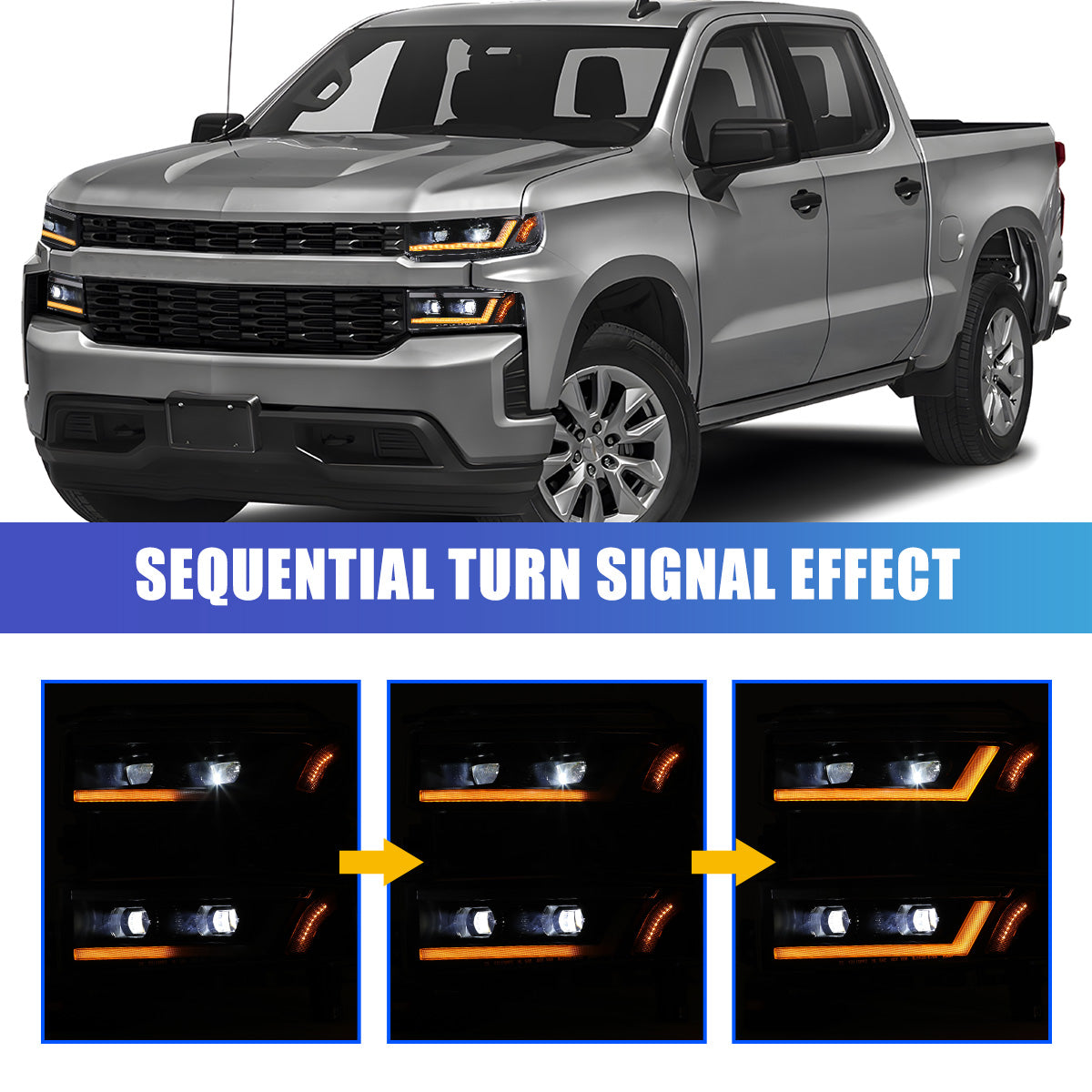 For 2019-2021 Chevy Silverado 1500/2022 Chevy Silverado 1500 LTD with Factory Halogen  LED Sequential Headlights - Matte Black / Clear Lens