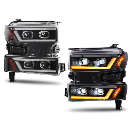 For 2019-2021 Chevy Silverado 1500/2022 Chevy Silverado 1500 LTD with Factory Halogen  LED Sequential Headlights - Glossy Black / Clear Lens