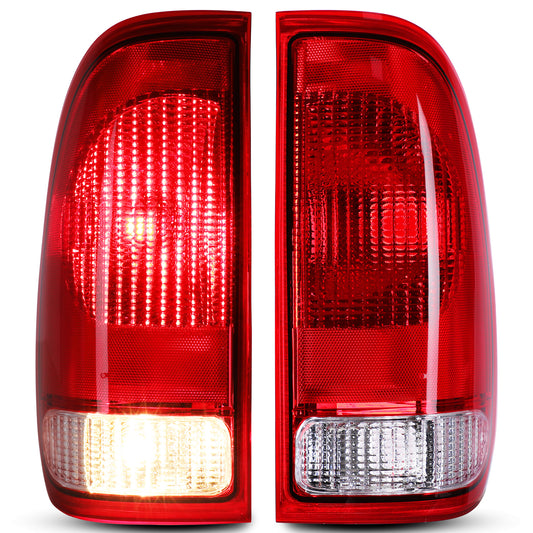 For 1997-2003 Ford F-150 and 1999-2007 Ford F-250/ F-350/ F-450/ F-550 Super Duty OEM Tail Lights - Chrome / Red Lens